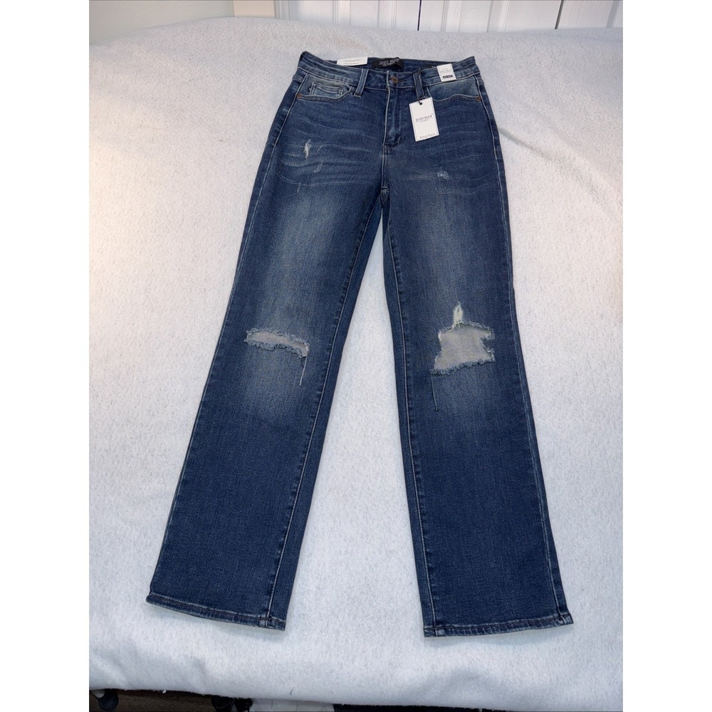 NWT Judy Blue Jeans Womens 5/27 High Waist Dad Jeans Distressed Dark Blue Denim